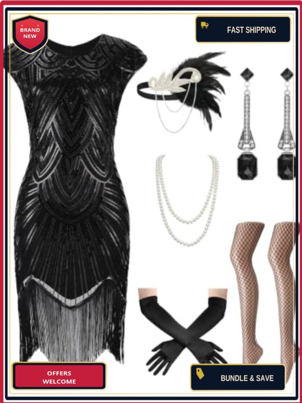 1920s Flapper Dress Costume Set Sequin Fringe Gloves Headband